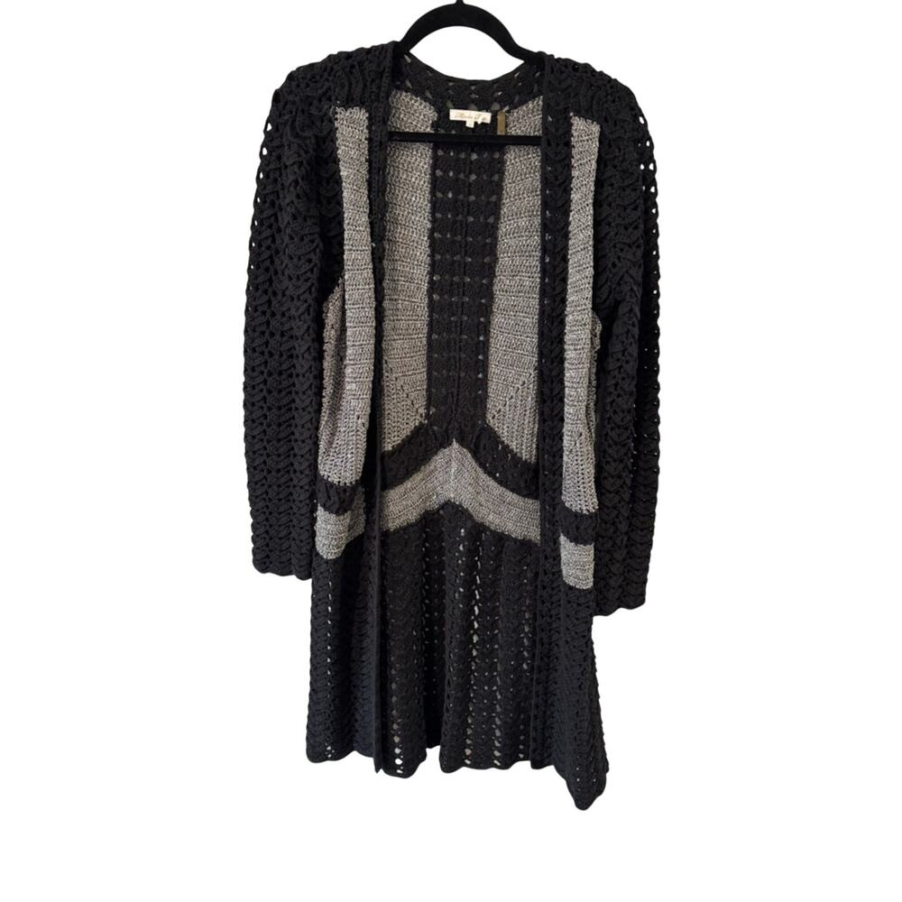 Minnie Rose Black and Gray Open-Knit Longline Cardigan Size Small